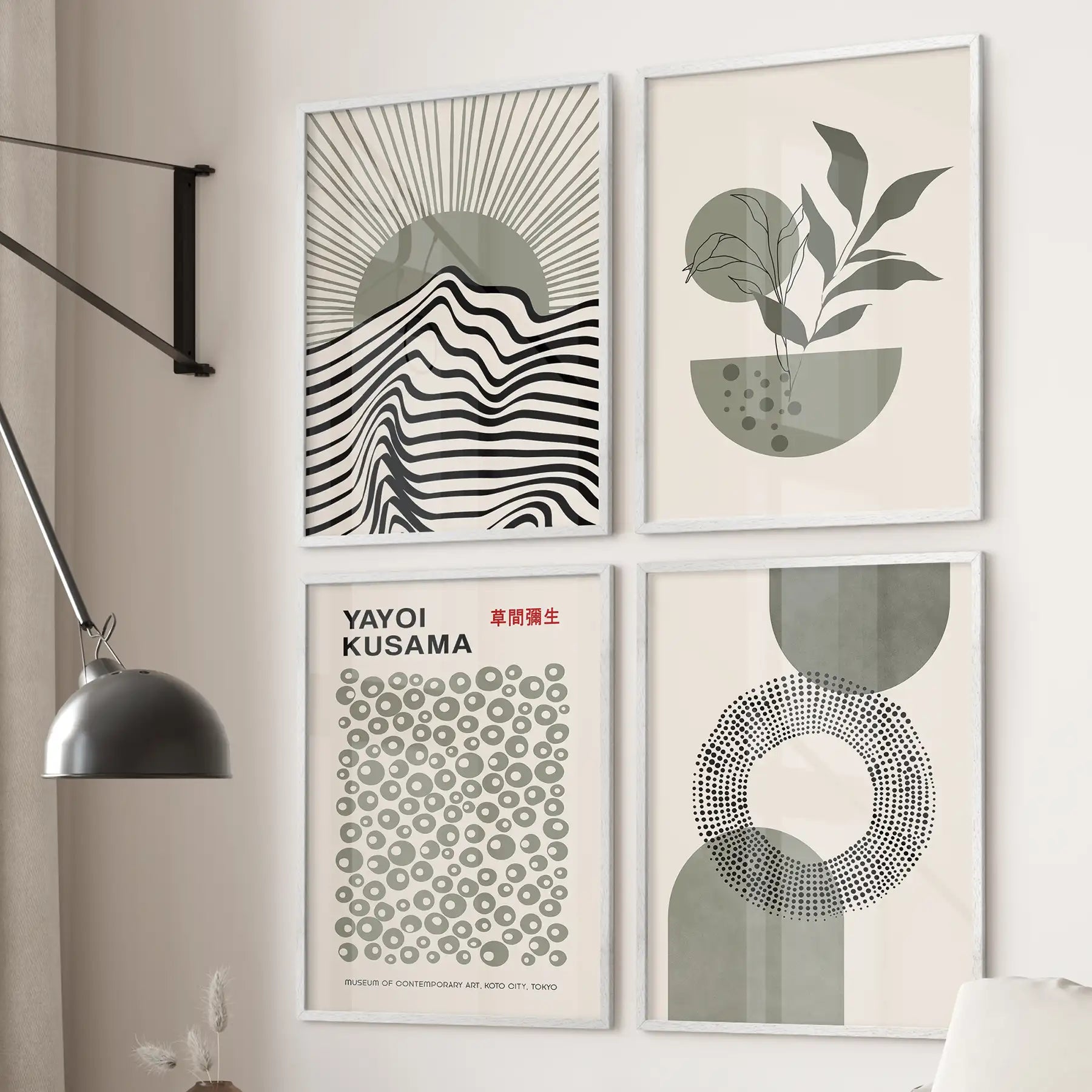 Black and sage green abstract poster set. Mid century modern neutral geometric prints. White frames for bedroom.