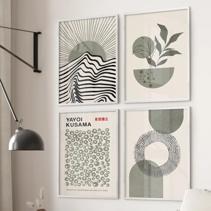 Black and sage green abstract poster set. Mid century modern neutral geometric prints. White frames for bedroom.