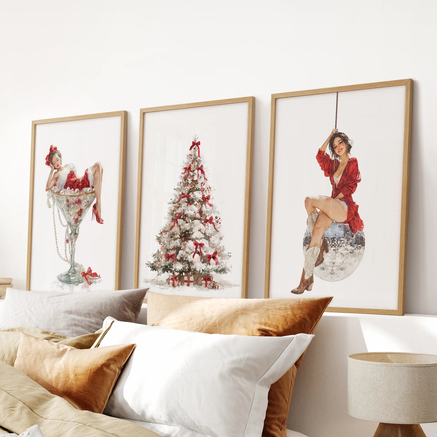 Cowgirl holiday artwork set of three arrives in light oak frames, perfect for a bedroom display above the bed headboard with a soft, playful vibe.