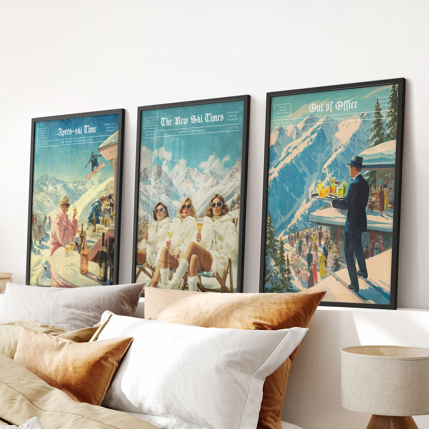 Apres-ski vintage ski posters, 3-piece wall art set in black frames, anchors the bedroom above the headboard with crisp winter lodge charm.