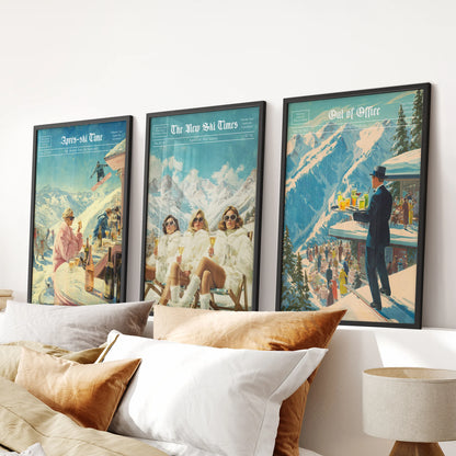 Apres-ski vintage ski posters, 3-piece wall art set in black frames, anchors the bedroom above the headboard with crisp winter lodge charm.