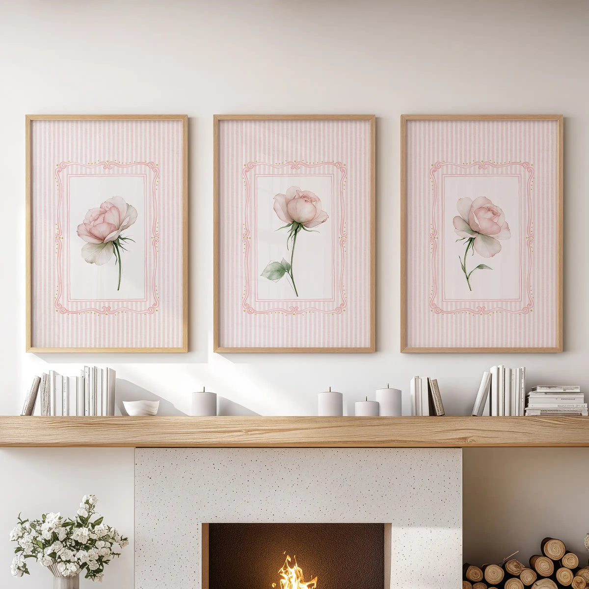 Set of three rose botanical wall art prints in natural wood frames, hanging above the mantel in a lounge.