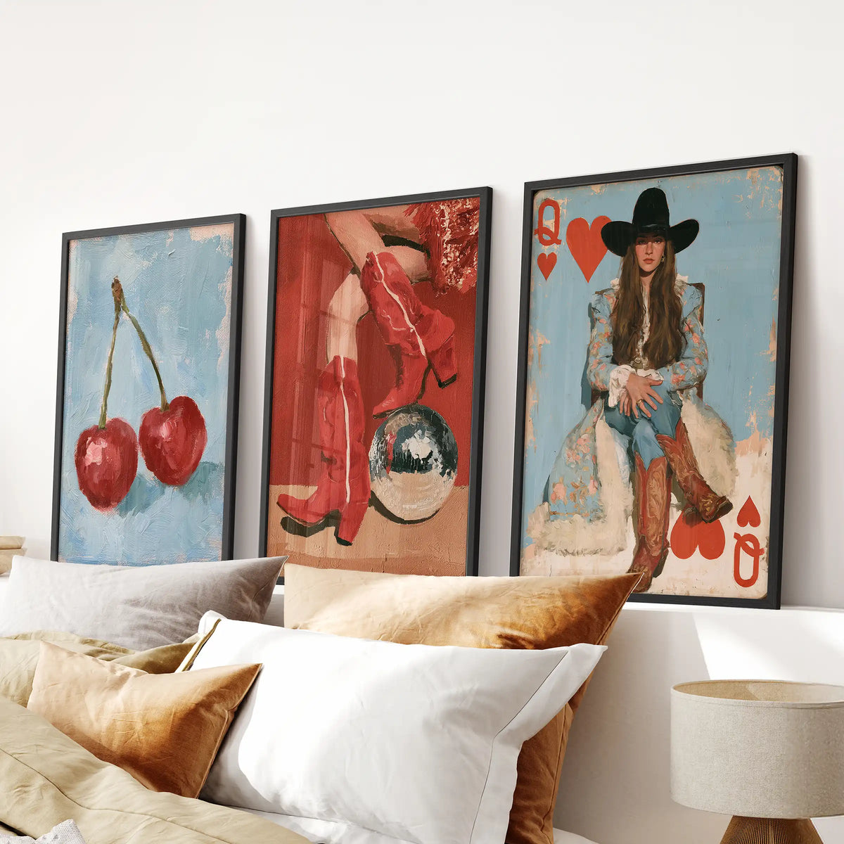 Playing card ‘Lucky You’ three-piece gallery wall in black framed prints, centered over the bed as a cheeky statement for the bedroom.