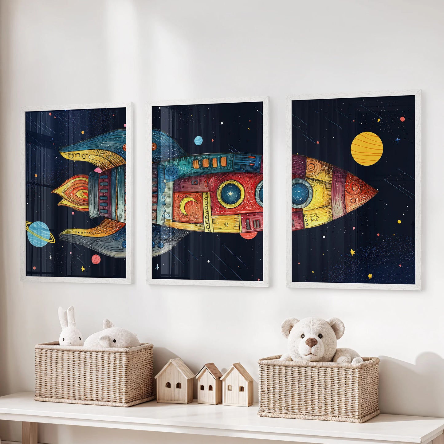 Space nursery wall art set featuring rocket across three panels. White frames for nursery.