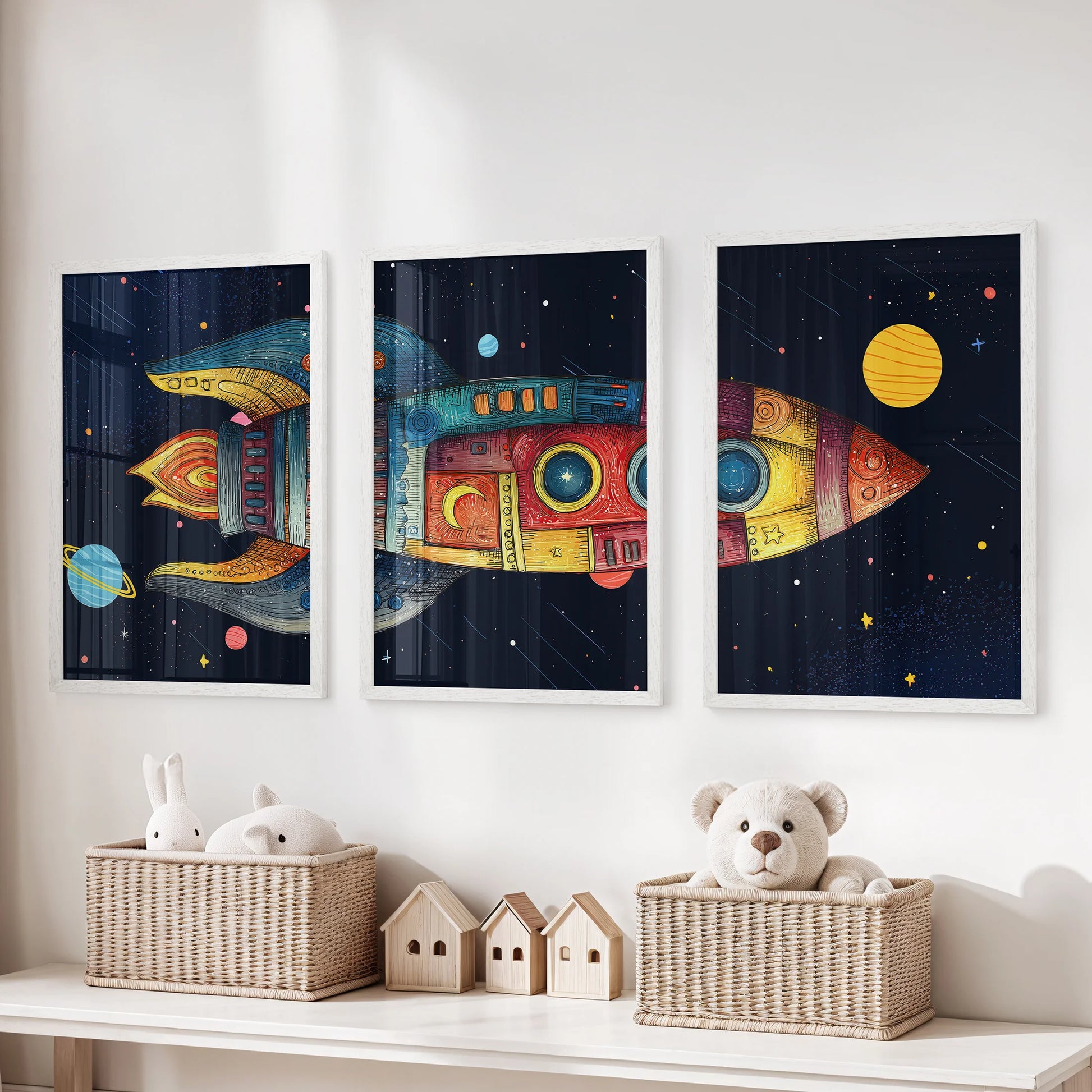 Space nursery wall art set featuring rocket across three panels. White frames for nursery.