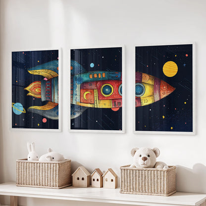 Space nursery wall art set featuring rocket across three panels. White frames for nursery.