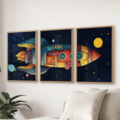 Playroom wall art: rocket ship, planets and stars in a bold navy palette. Thinwood frames for living room.