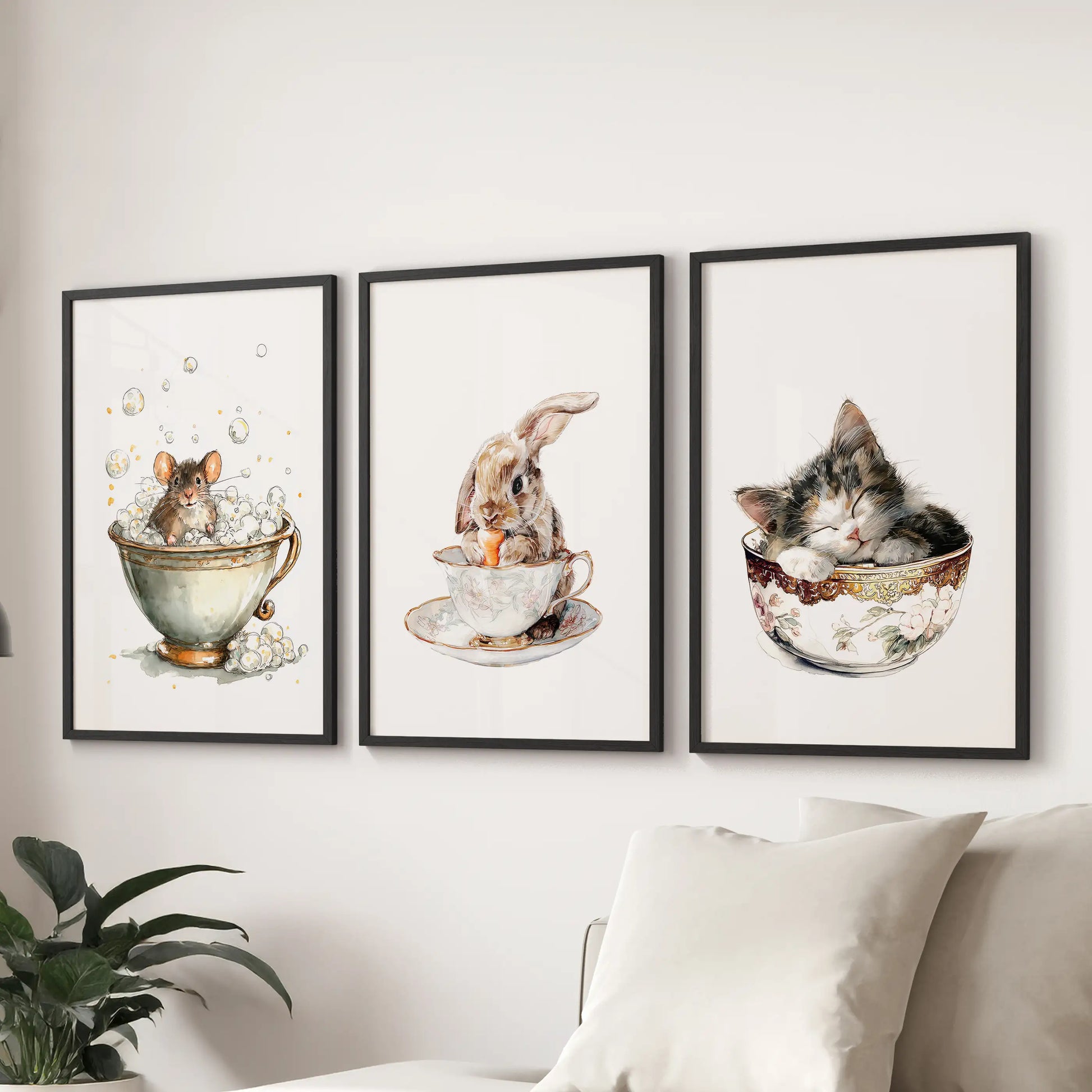 Three black-framed art prints of vintage watercolor nursery animals float over the lounge sofa, adding easy cottagecore sweetness.