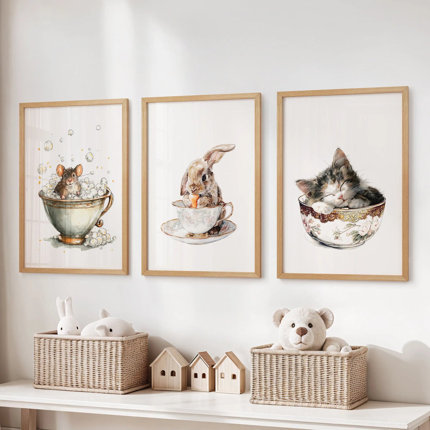 In the kids’ room, three natural-oak-framed wall prints of mice in teacups line the space above the toy bench with tidy, playful charm.