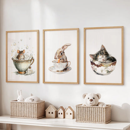 In the kids’ room, three natural-oak-framed wall prints of mice in teacups line the space above the toy bench with tidy, playful charm.