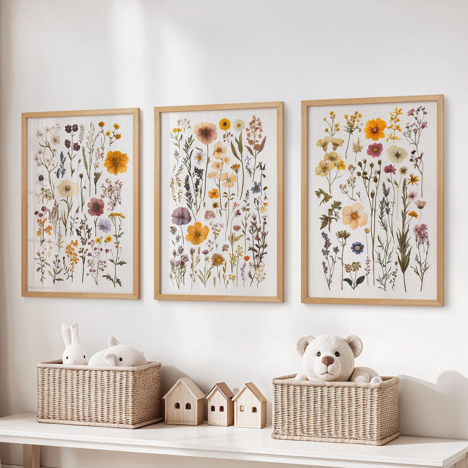Vintage botanical florals, three-piece wall art in light oak frames, hung above the toy organizer to bring warmth to a cheerful children's room.