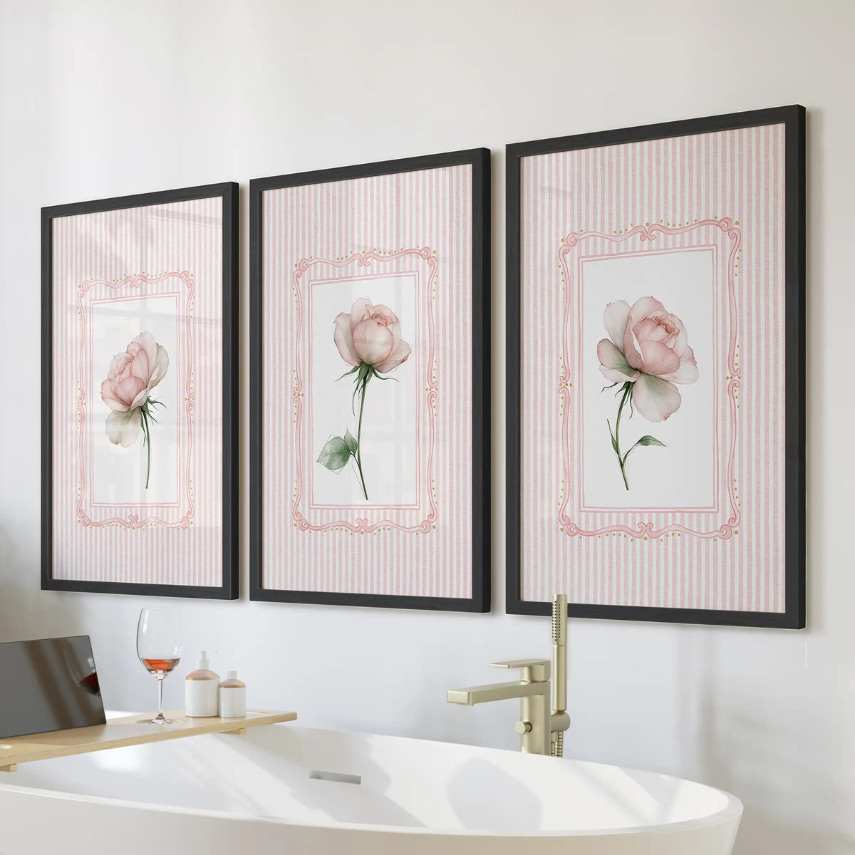 Pink rose wall art set of three in black frames, hanging above a freestanding bathtub in a bathroom.