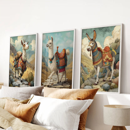 Peruvian farm animals wall art, 3-piece set, in white frames above the headboard, bringing a calm, rustic touch to the bedroom.