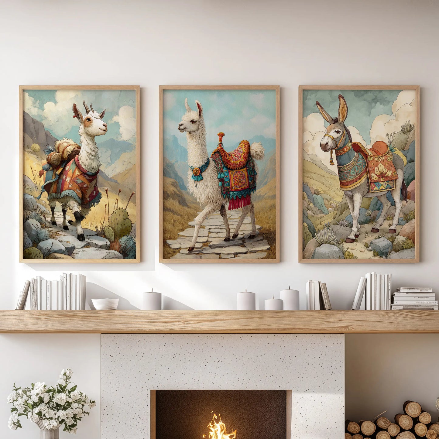 Goat wall posters, set of three, framed in light oak above the fireplace, give the living room a warm farmhouse vibe with crisp, expressive portraits.
