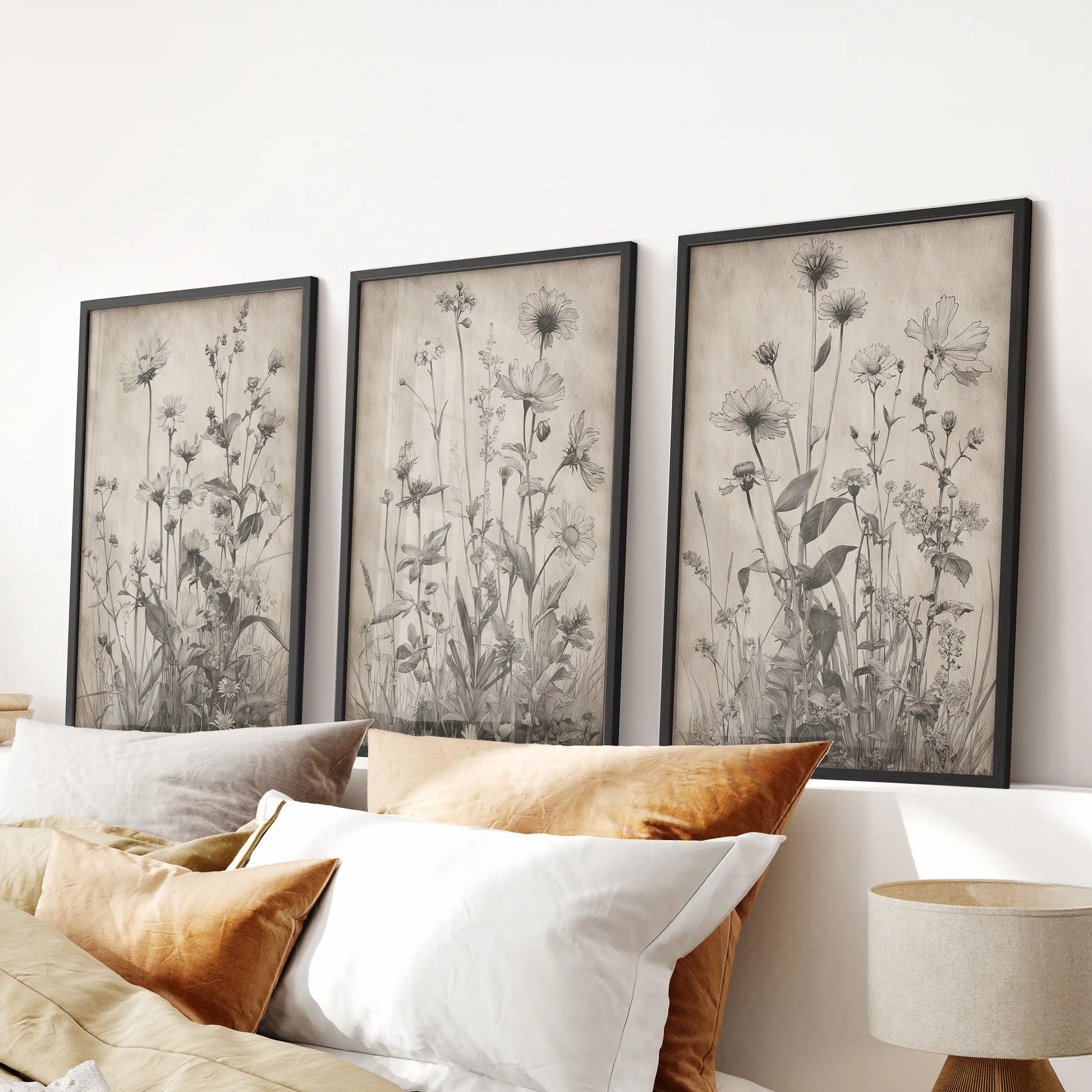 Three wildflower drawings in slim black frames form a calm wall art grouping for the bedroom, centered neatly over the bed.