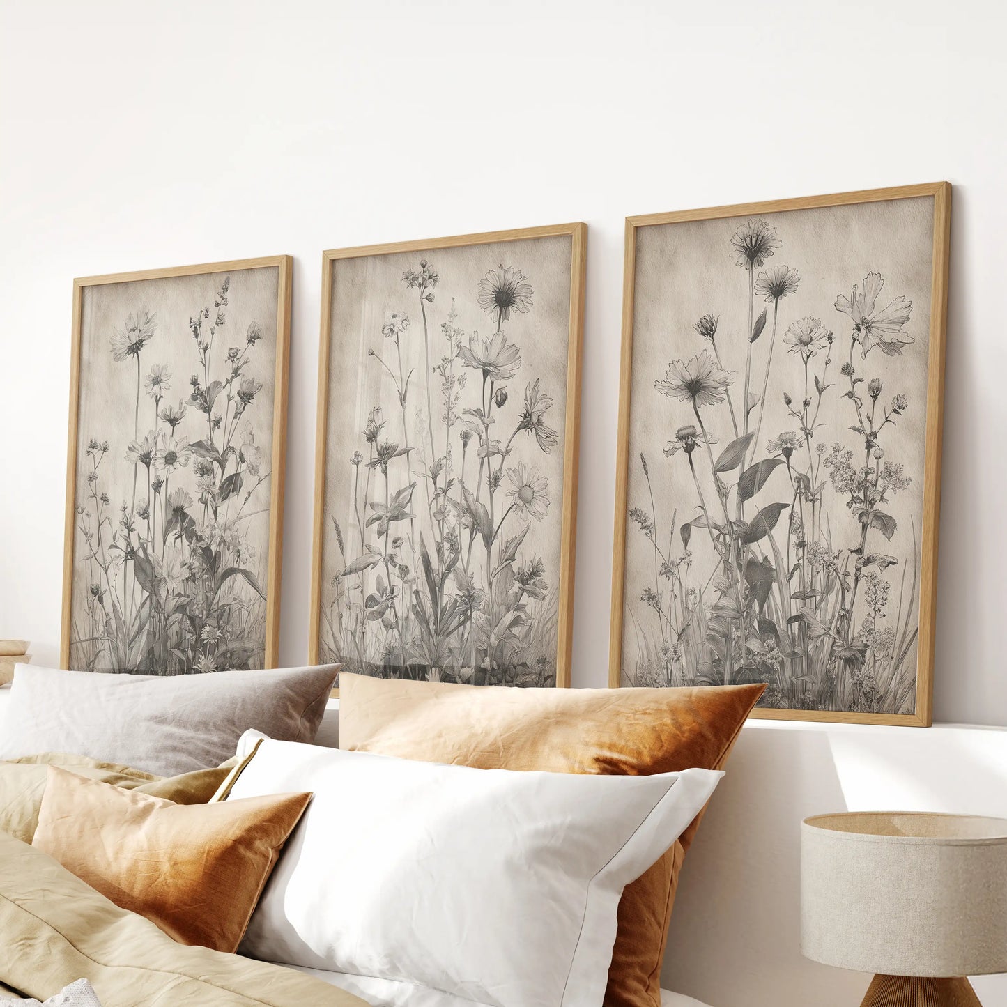 Rustic farmhouse blooms, a poster trio set in light oak frames, make an inviting statement in the bedroom above the bed.