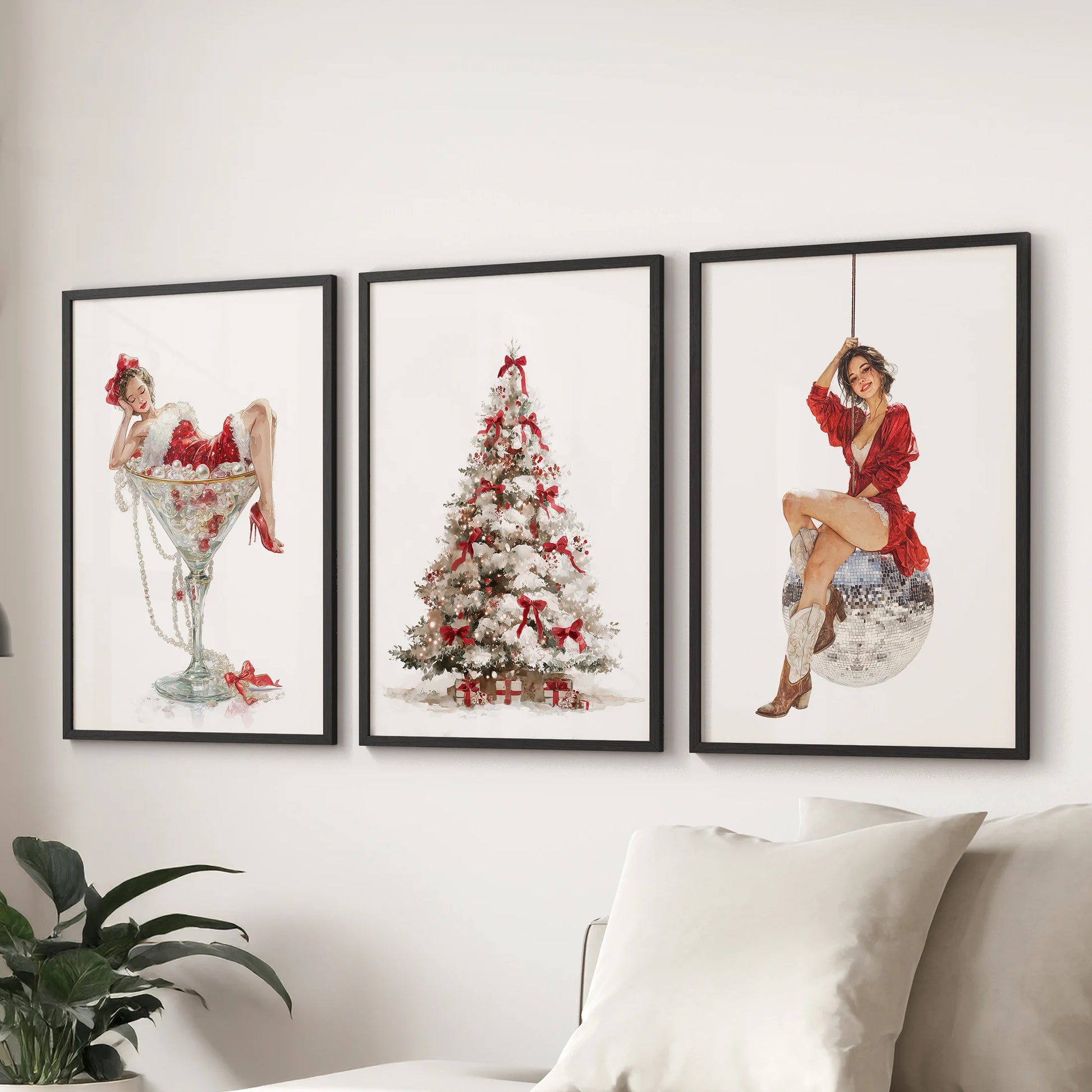 A wall art set of three cowgirl boot Christmas prints in black frames lends playful Western cheer to a family room above the sectional.
