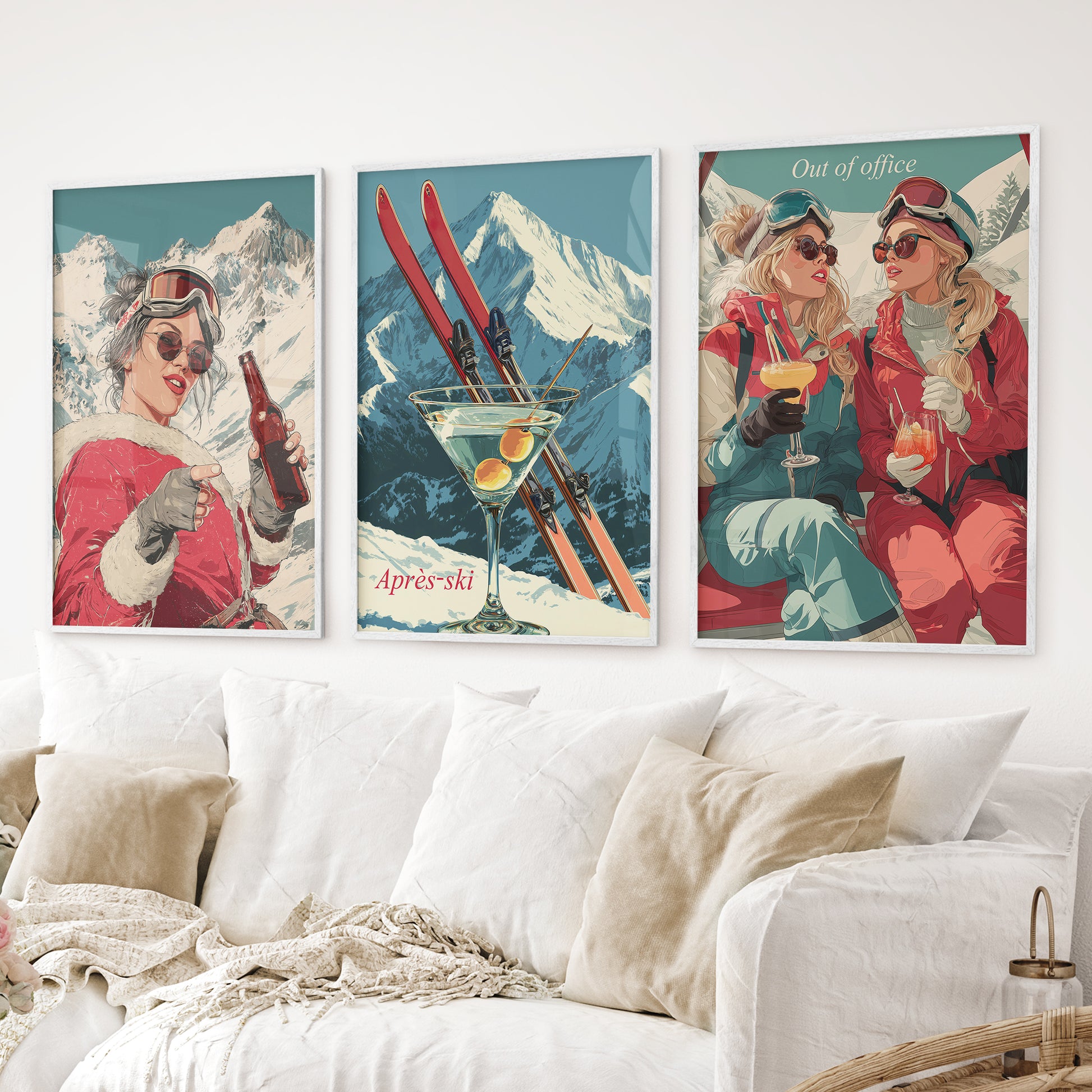 intage après-ski wall art set of 3 with retro skiers and snowy mountains. White frames for living room.