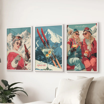 Christmas skiing art, three-piece print set in clean white frames for the lounge, mounted above the sectional with warm lodge charm.