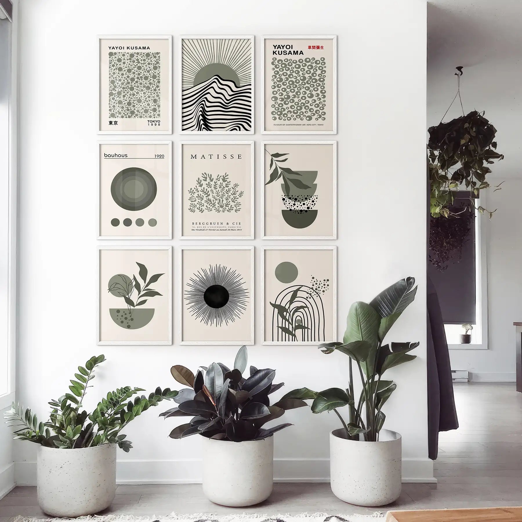 Gallery wall art set of 9 modern prints with minimalist and mid-century styles including Bauhaus and botanical elements. White frames for neutral room.