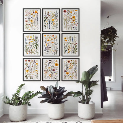 Flowers artwork colorful gallery of 9 piece. Trendy garden flowers prints room decor. Black frames for living room.