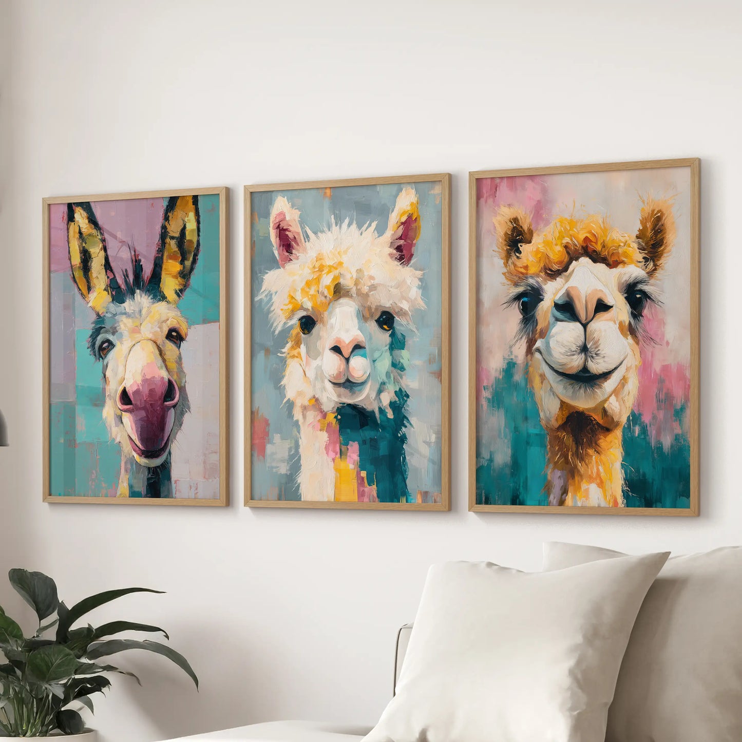Natural-wood-framed three-piece animal artwork brings an upbeat, eclectic accent above the lounge sofa.