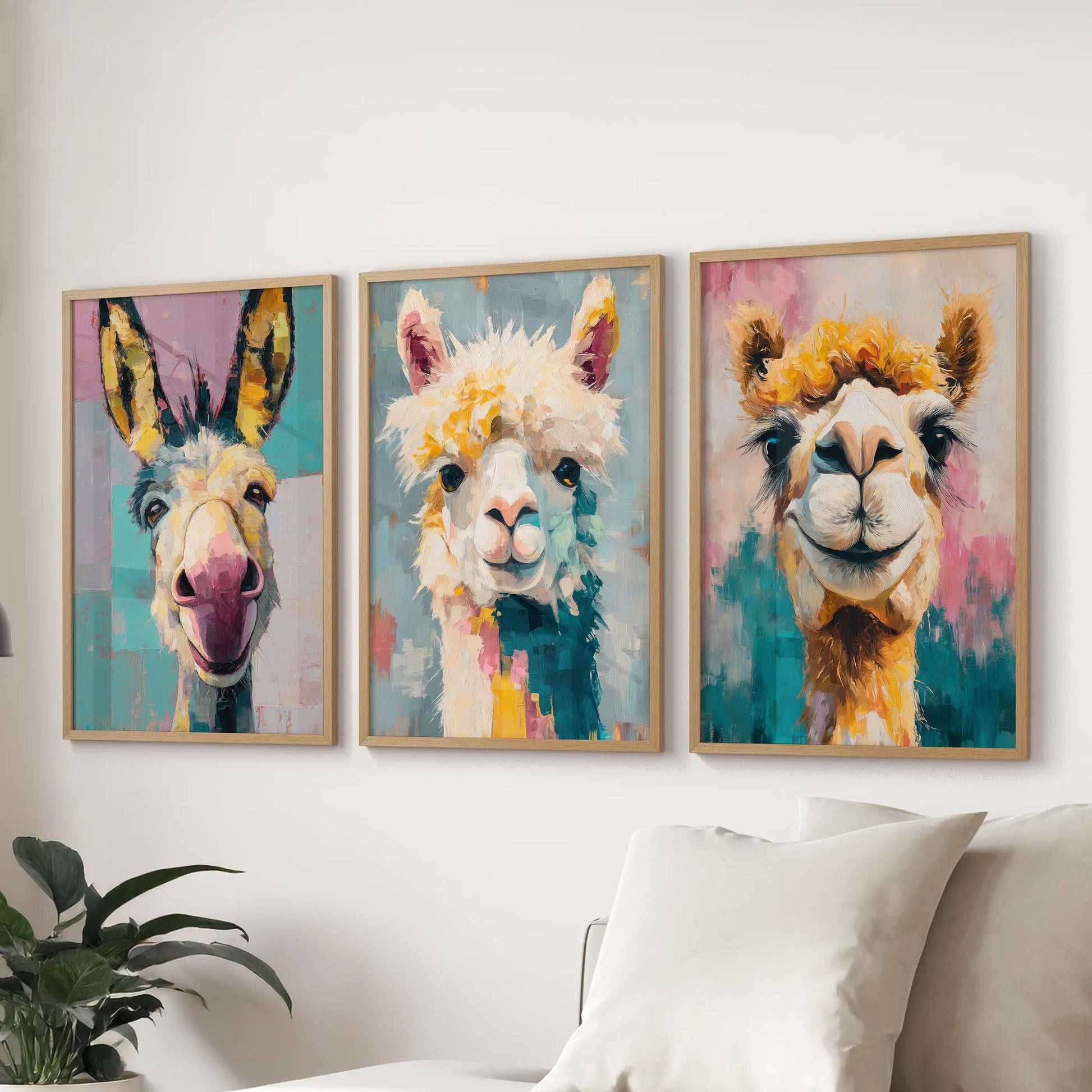 Natural-wood-framed three-piece animal artwork brings an upbeat, eclectic accent above the lounge sofa.