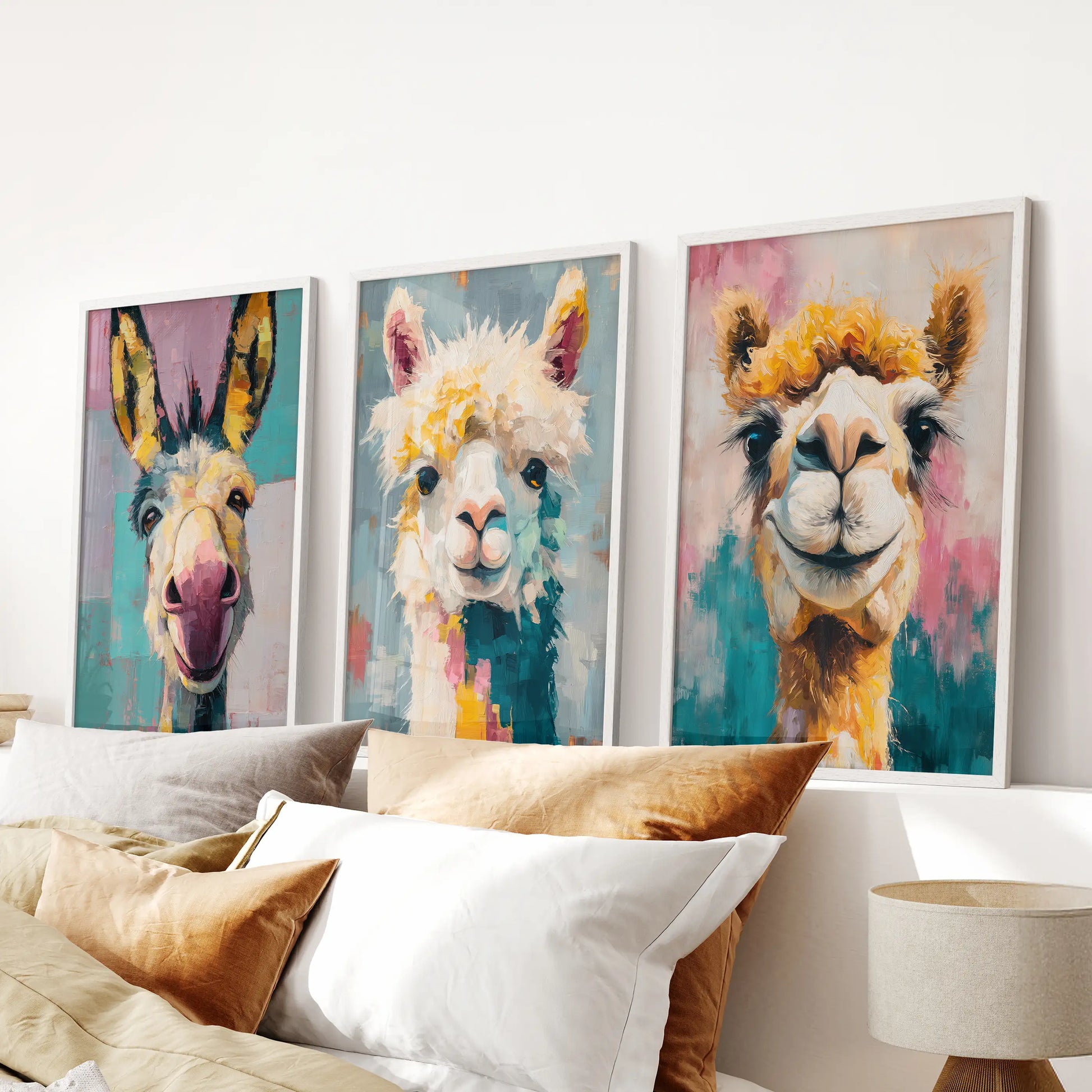 A sweet three-piece wall art of donkey paintings in white frames centers the space above the bed with storybook charm.