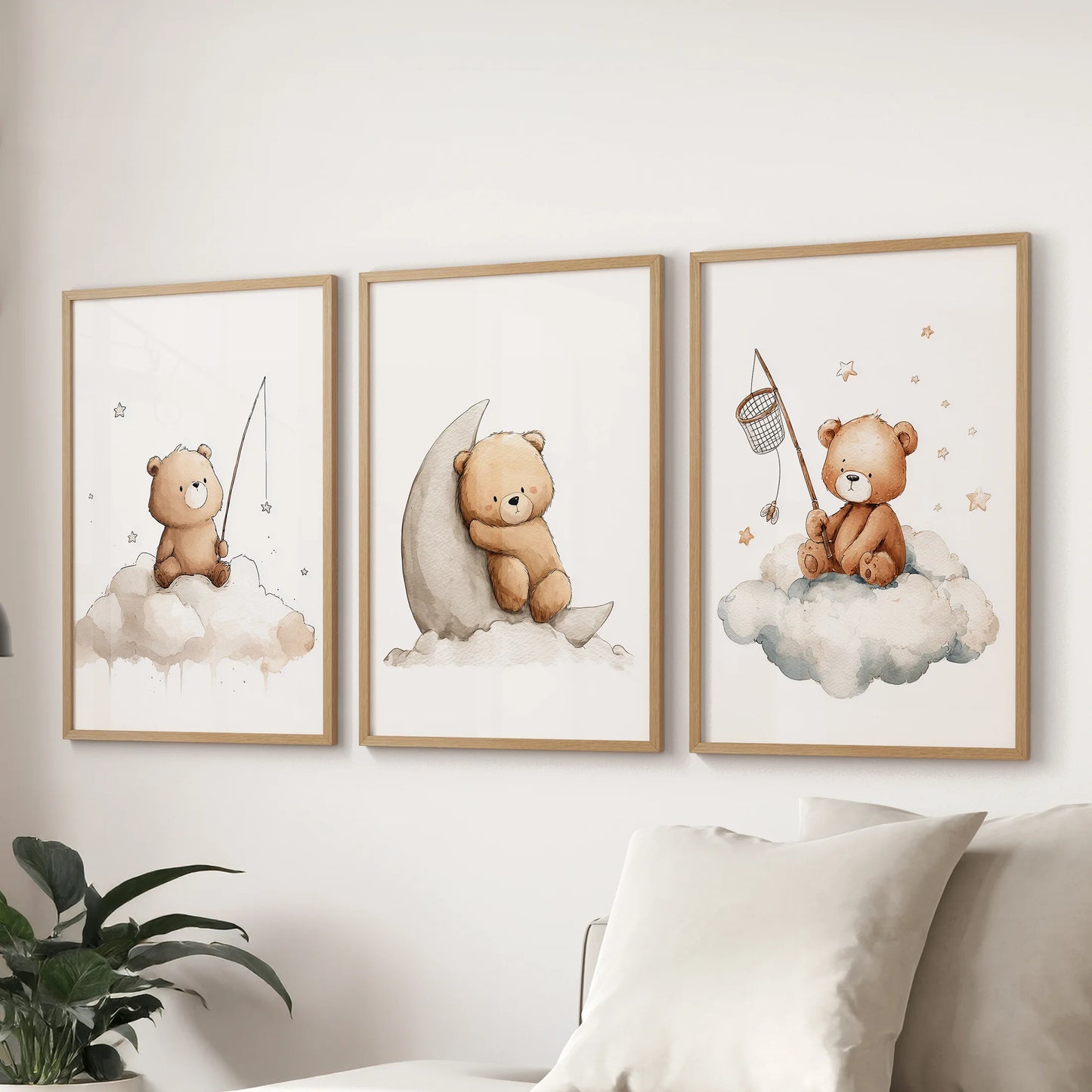 Watercolor teddy bear art triptych adding warmth and dreamlike charm to modern nursery walls.