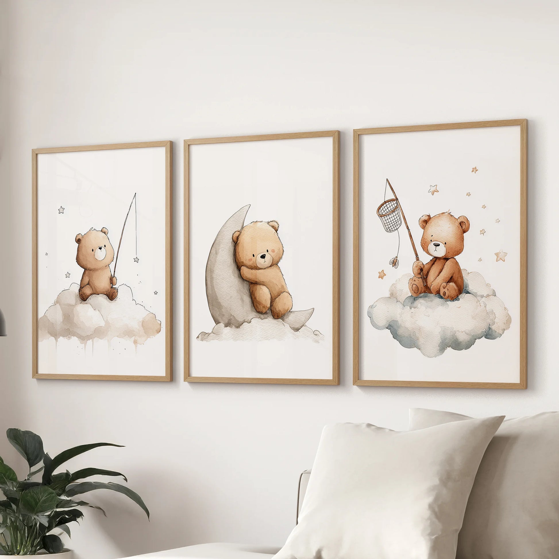 Watercolor teddy bear art triptych adding warmth and dreamlike charm to modern nursery walls.