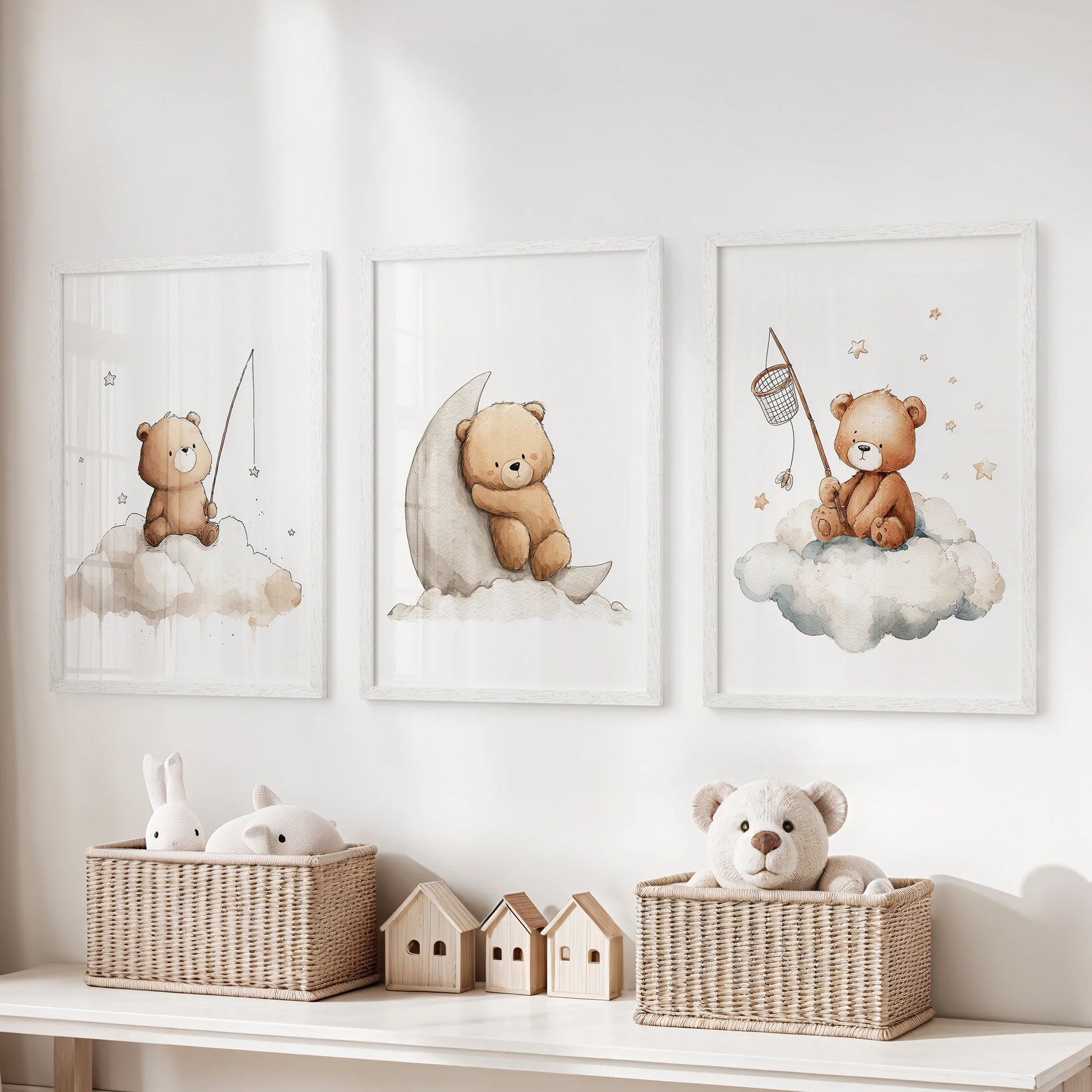 Watercolor baby bear prints on clouds with moon and stars for gender-neutral nursery decor.