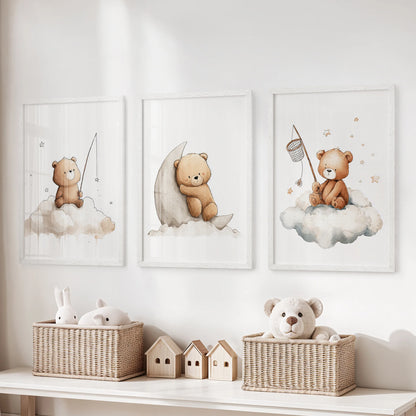 Watercolor baby bear prints on clouds with moon and stars for gender-neutral nursery decor.
