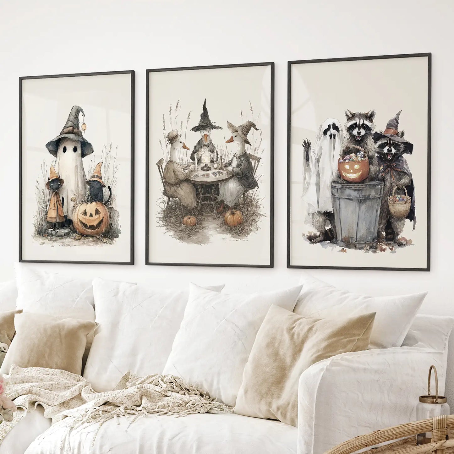 Kids room Halloween wall decor set with autumn woodland characters. Black frames for living room.