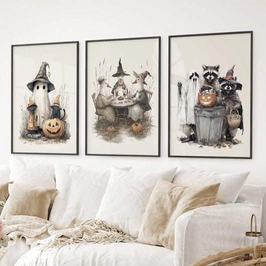 Kids room Halloween wall decor set with autumn woodland characters. Black frames for living room.