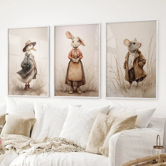 Animal illustration set – whimsical vintage animals in storybook style. White frames for living room.
