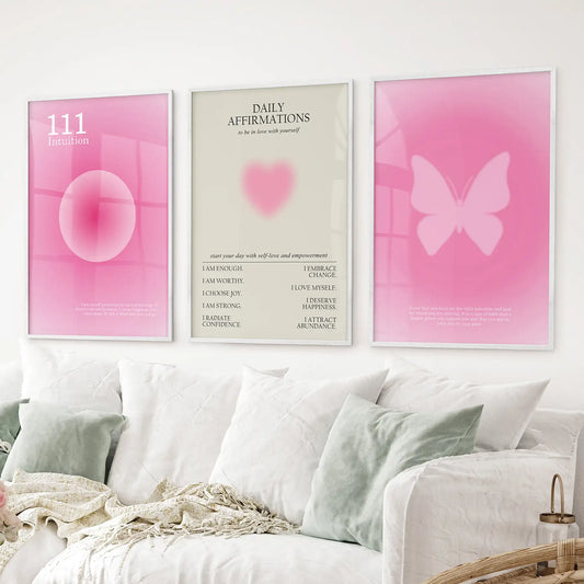 Affirmation and aura wall art in white frames, pastel pink quote set of 3
