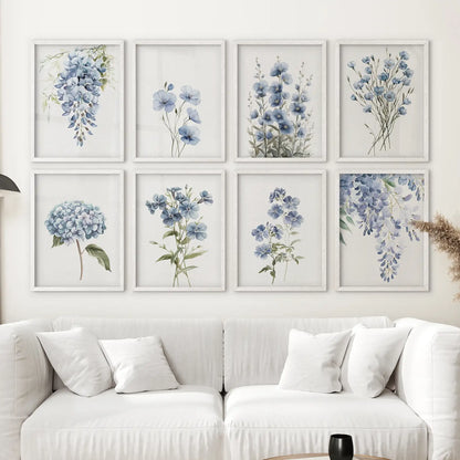 Delphinium flower print modern blue wall decor. Neutral living room art posters. White frames above the sofa.