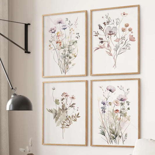 Soft watercolor wildflower prints in wood frames, botanical art set of 4 for cottage-style bedroom