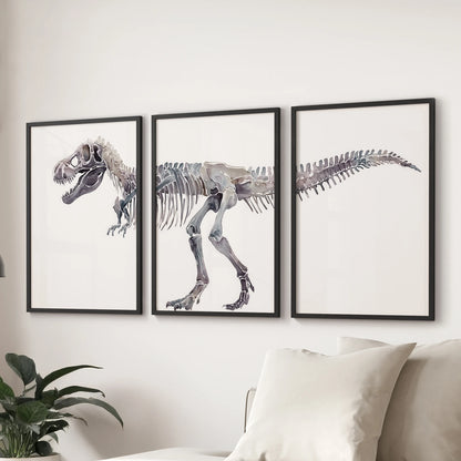 Jurassic decor wall prints, set of three, displayed above a sectional sofa in black-framed mounts to brighten a relaxed sitting room.