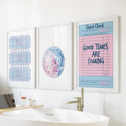 Guest check receipt 3 pc wall art set with white frames styled over the tub, paired with a disco ball and beach ticket for bright, breezy bath vibes.