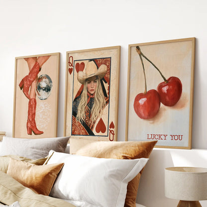 Disco cowgirl 3-piece wall decor set, thin wood-framed, rides above the bed to bring shimmer and sass to the bedroom without overpowering it.