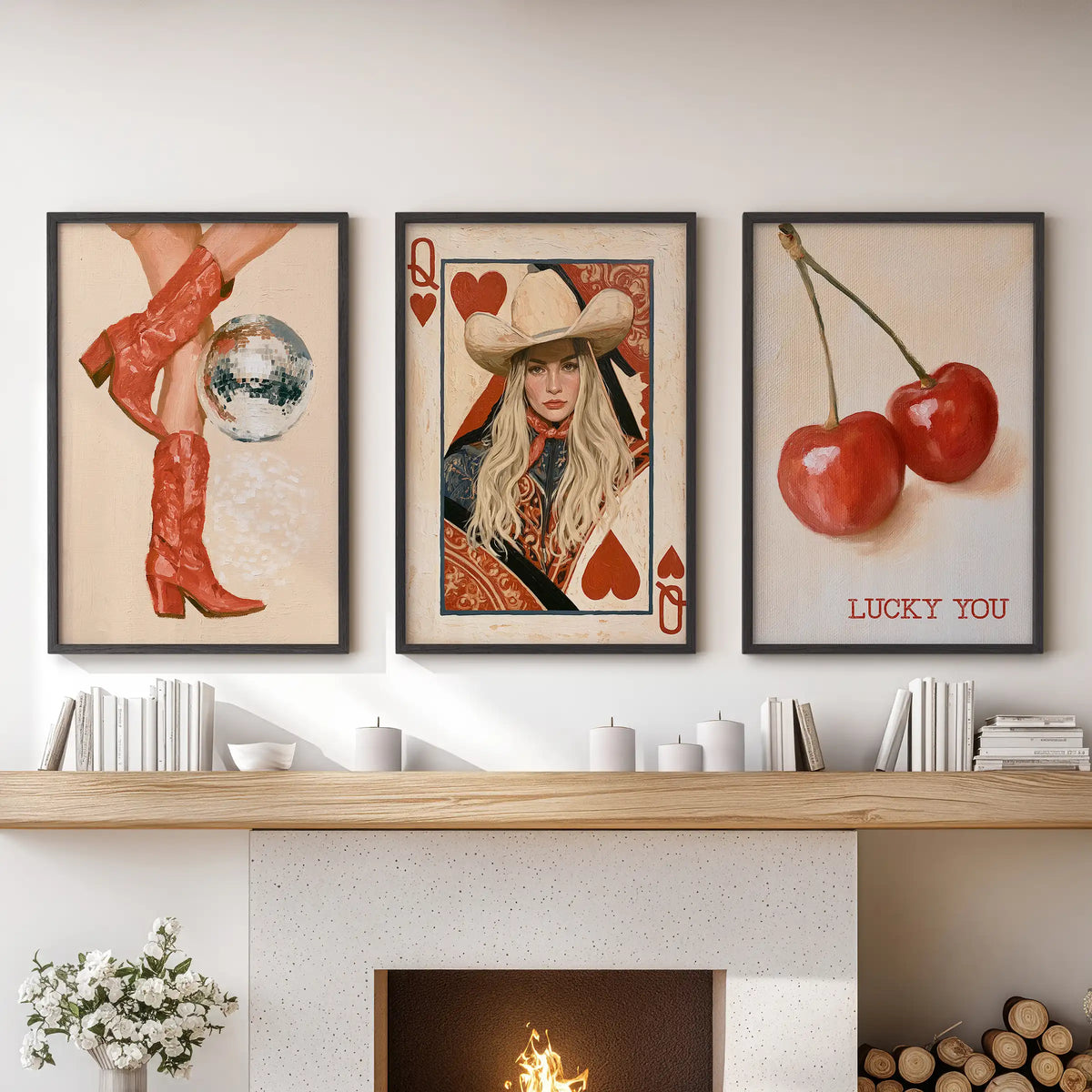 Above the fireplace, a three-poster wall art set of red cowgirl boots in black frames creates a striking family room focal point.