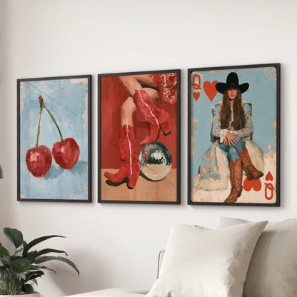 A disco cowgirl gallery wall of three black-framed prints sits above the sofa, adding sparkle and swagger to the lounge.