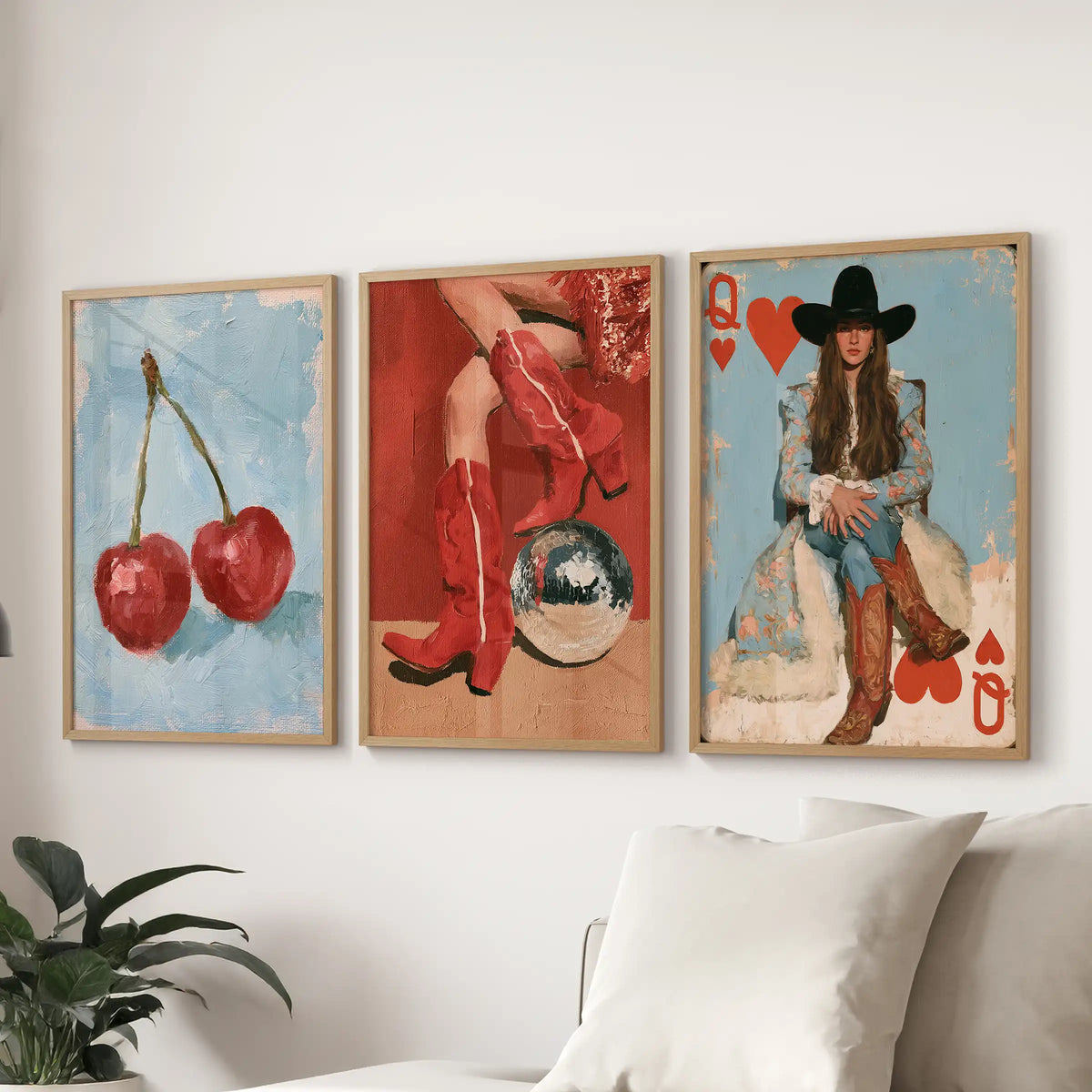 Cowgirl boots natural wood framed art print trio, floating over the sofa to lend relaxed ranch flair to the lounge.