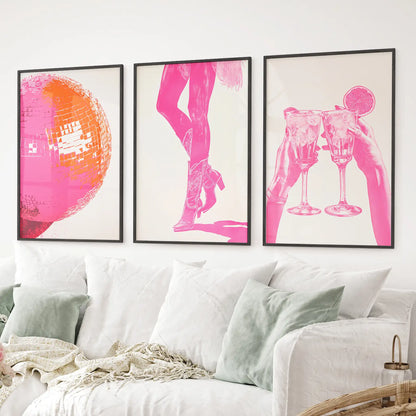 Bold pink girl power set in black frames, funky wall art for college bedroom