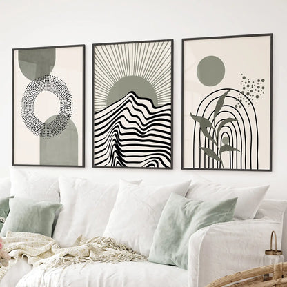 Bauhaus and boho prints in black frames, sage green wall decor set of 3