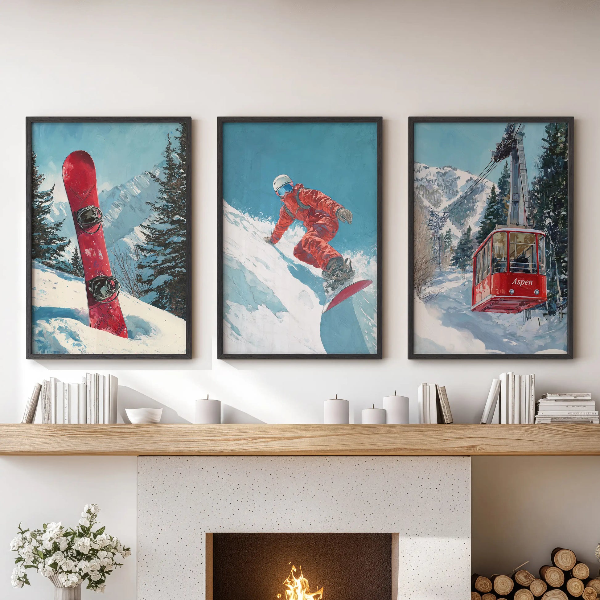Three framed landscape prints with snowy peaks form calm, open-sky mountain art above the living room hearth.