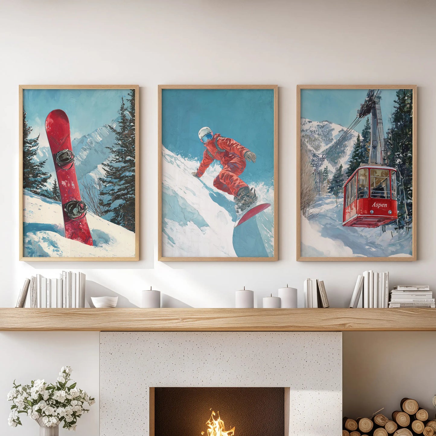 Snowboarder in action wall art, a three-piece set in wooden frames, crowns the living room hearth with brisk, vintage energy from the slopes.