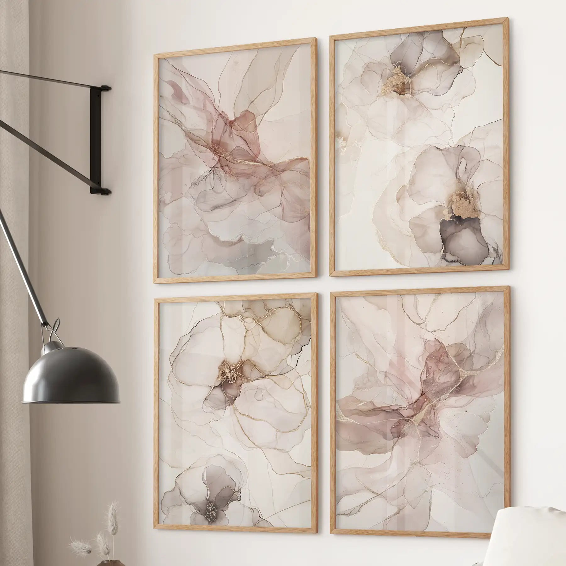 Elegant pink and gold print set. Light toned art set poster decor. Thinwood frames for office.