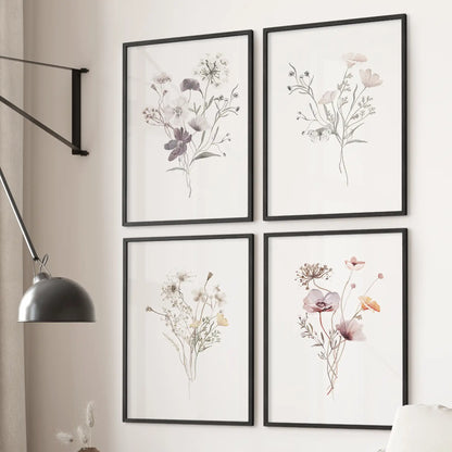 Gallery wall of 4 watercolor wildflowers in black frames, cottagecore floral art